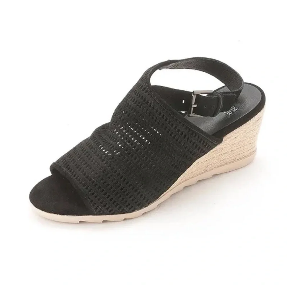 Eileen Fisher Women's Aura Slingback Espadrille Wedge Black Leather Twine Sz 9.5